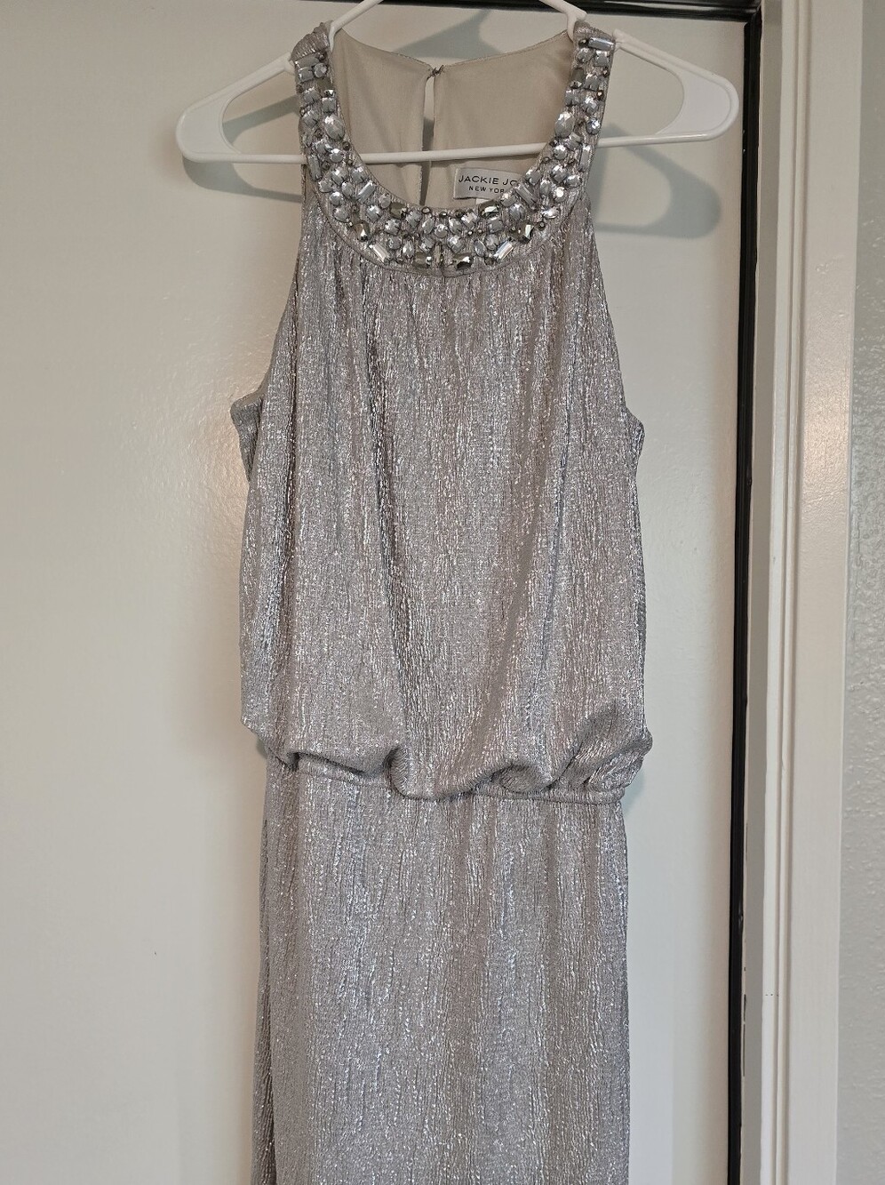 Jackie Jon Silver Beaded Halter Evening Dress